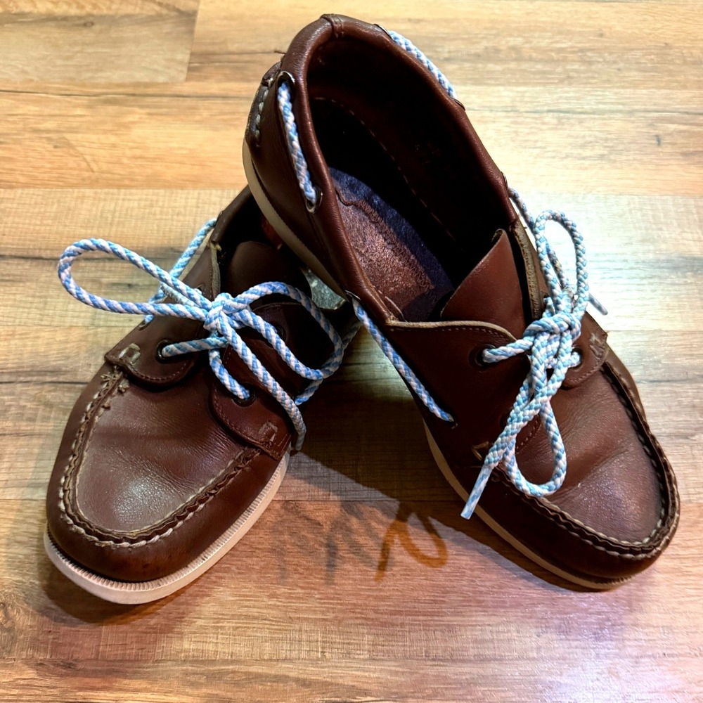 Sperry Boat Shoes Brown Leather Blue Rope Laces Nautical Fisherman Preppy 7
